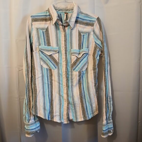 FREE PEOPLE Snap Up Shirt XS Blue Peach Gray Ivory Linen Blend Boho Long sleeve - Picture 1 of 11